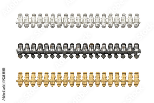 Three horizontal rows of metallic decorative trim in silver, dark grey, and gold colors are shown against a black background. Each row features a repeating pattern of small tassels.