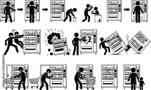 Vending machine safety and misuse scenarios icons, customer behavior incidents, retail equipment hazards, theft vandalism explosion warning, vector illustration set