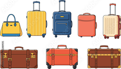 Travel luggage collection illustration, modern suitcases handbags and vintage trunks set, tourism travel bags, vacation journey accessories, baggage concept