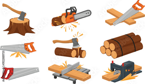 Woodworking tools illustration set, chainsaw axe handsaw and circular saw cutting timber logs, carpentry equipment collection, lumber industry concept