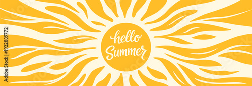 Handwritten lettering: Hello, summer, inside the sun with sunbeams. Beautiful printable lettering. Flat vector illustration isolated on a white background.