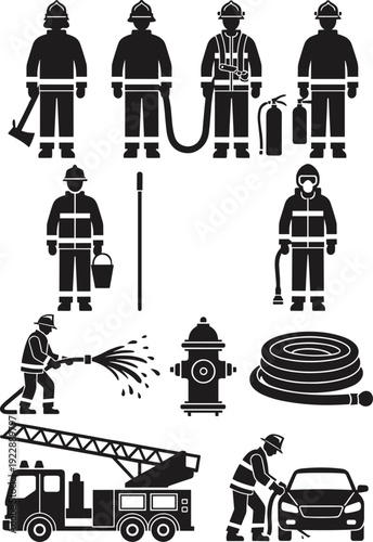 Firefighter Silhouette and Fire Safety Icon Set Featuring Fire Truck Hydrant Extinguisher Rescue Workers Emergency Service Symbols and Fire Prevention Equipment
