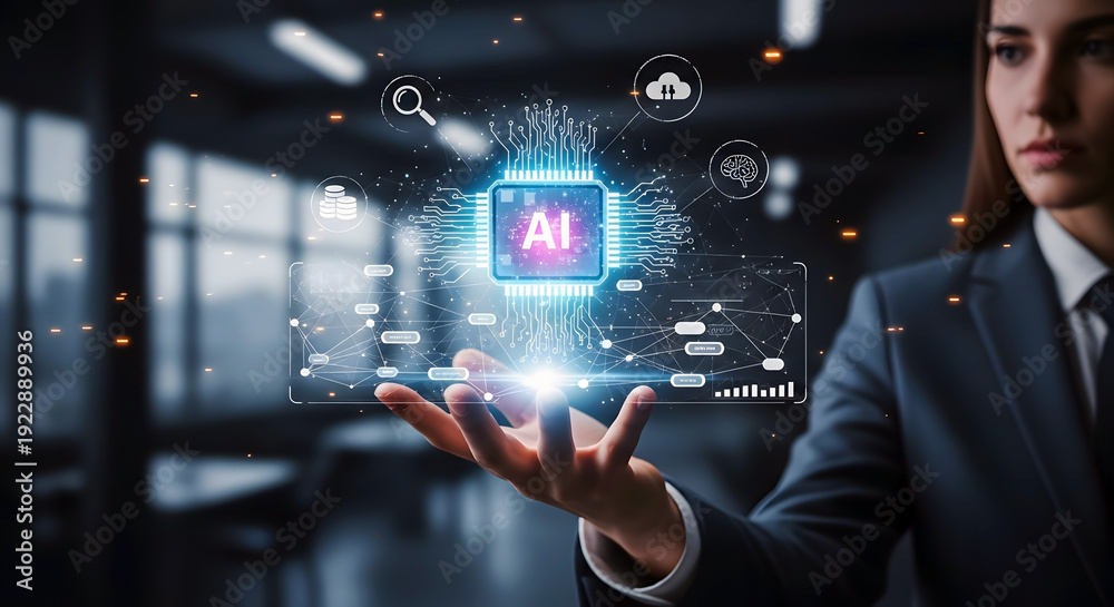 Fototapeta premium artificial intelligent search on hand with copy space