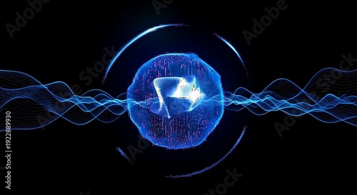 Glowing blue orb with energy waves on black background