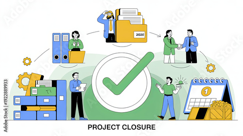 Project Closure Illustration: A vibrant illustration depicts the structured process of closing a project, from initial planning stages to final completion and documentation.