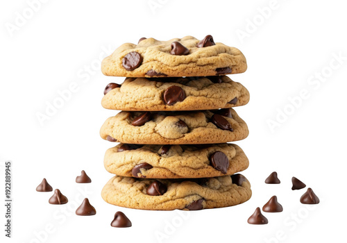 Stack of delicious chocolate chip cookies isolated on transparent background