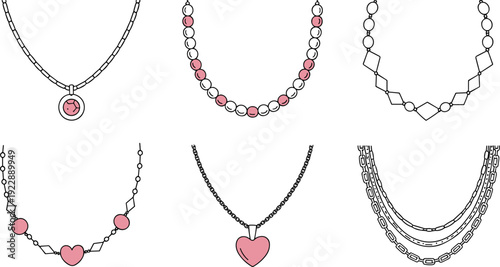 Necklace design silhouette illustration, beaded and chain styles, heart pendant jewelry, geometric elements, layered fashion accessory vector artwork