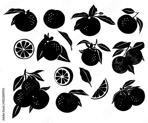 High-contrast black and white silhouette illustration of oranges, orange slices, leaves, and branches arranged in a scattered, decorative pattern on transparent background