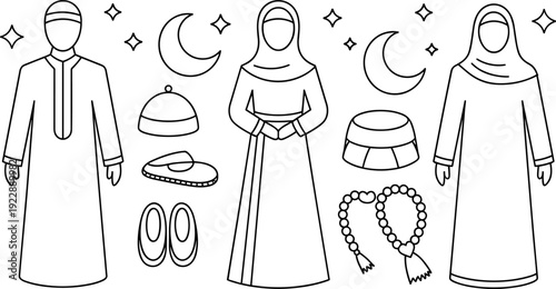 Islamic culture illustration, traditional clothing and religious symbols, hijab and thobe figures, crescent moon, prayer beads, rug, cap, footwear vector artwork