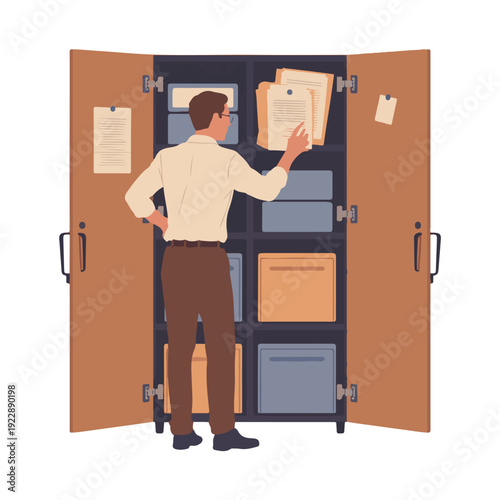 A man in a white shirt and brown pants standing in front of an open filing cabinet, reaching for a file.
