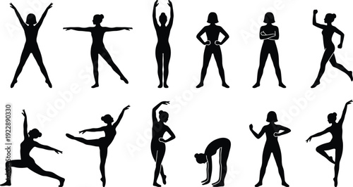 Female fitness and yoga silhouette collection in dynamic workout and dance poses, black woman exercise figures isolated on white background illustration set