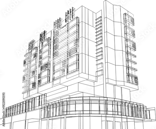 Modern architectural line art sketch of a commercial building featuring glass facades and contemporary structural design for urban real estate development