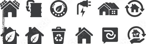 Sustainability and Eco-Friendly Home Icon Set: Silhouette Symbols for Solar Energy, Recycling, Green Living, and Energy Efficiency