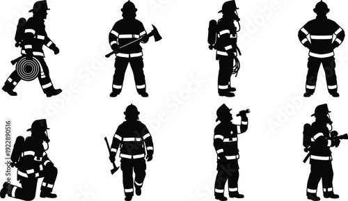 Firefighter silhouette collection in multiple poses, black emergency rescue worker icons isolated on white background, firefighting equipment and safety service illustration set