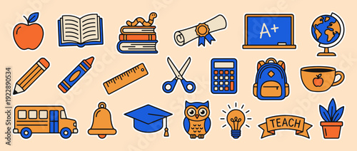 School Supplies Icon Set: A collection of meticulously designed icons representing essential school supplies, perfectly capturing the essence of education and learning.
