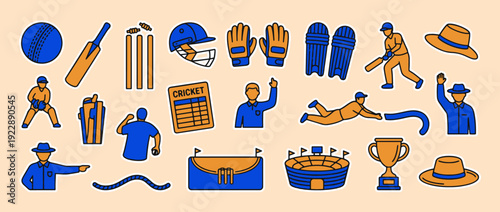 Cricket Essentials: A visually engaging illustration showcases a curated selection of essential cricket elements, artfully arranged to represent the equipment, players, and iconic moments of the game.