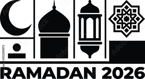 A highly structured, almost architectural approach to Ramadan vectors. This set features geometric interpretations of a crescent on a stand, a mosque dome, a lantern, and an eight-pointed star
