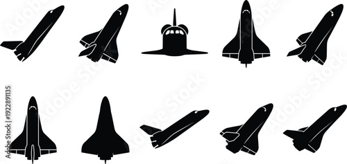 Space shuttle silhouette collection in multiple perspectives, black spacecraft launch vehicle icons isolated on white background for aerospace, aviation, and exploration design