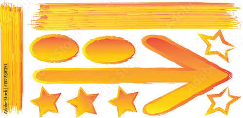 A vibrant orange graphic design element with various shapes and symbols