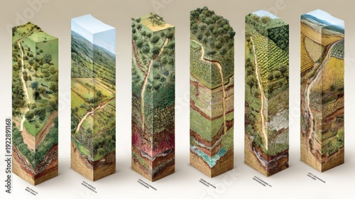 Various cross sections illustrate different types of soil profiles and terrain formations with pathways
