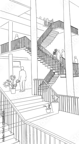 Modern interior architectural line art sketch featuring multiple staircases, indoor plants, people walking, office building lobby atrium, minimalist hand drawn style
