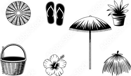 Tropical beach silhouette illustration, woven hat and basket, flip-flops, hibiscus flower, potted plant, thatched umbrella, rustic hut vector artwork
