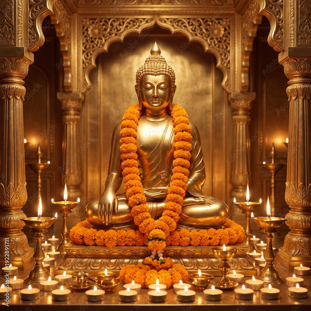 Fototapeta premium Golden Buddha Statue Adorned with Marigold Garlands Meditating in a Temple Surrounded by Lit Oil Lamps for Spiritual Worship and Peace