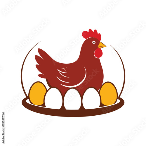Charming flat design graphic of a contented hen guarding a nest of fresh white and golden eggs within a rustic circular border, symbolizing natural farm produce and wholesome nutrition.