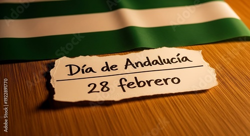 Andalusia Day celebrated on February 28th, a rustic paper message highlights the regional holiday against the vibrant green and white Andalusian flag, symbolizing Spanish pride and heritage
