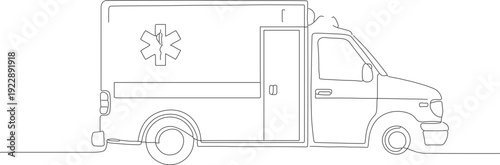 Minimalist One Line Drawing Ambulance Car for Emergency Medical Service