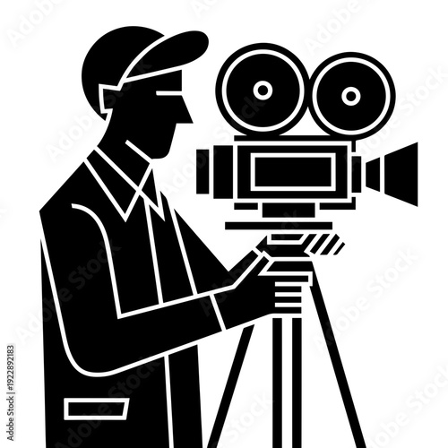 Bold abstract lines illustrate filmmaker holding camera, capturing scene with classic cinema equipment on tripod.