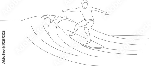 Outline Illustration Surfer Riding Wave Silhouette on Surfboard Sport Activity