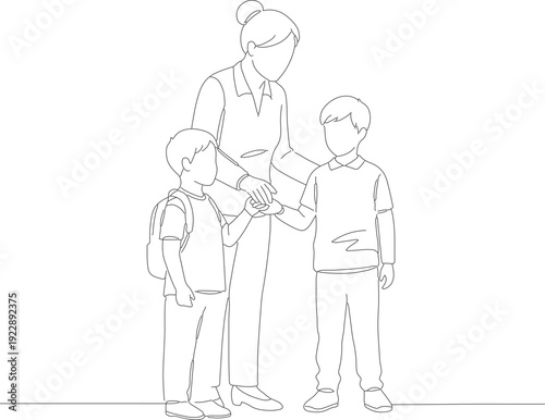 Line Art Teacher with Two Student and Holding Hands Illustration