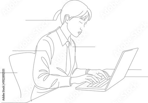 Minimalist Outline Woman Typing on Laptop Computer at Desk Illustration