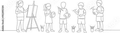 Simple Outline Children Drawing with Easel and Paint Palette Illustration