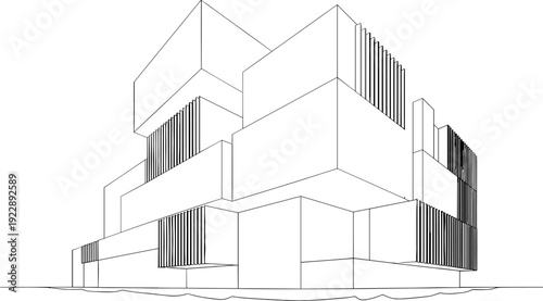 Modern Minimalist Architectural Building Vector Sketch Featuring Abstract Geometric Box Design Exterior Perspective Line Art for Contemporary House or Office