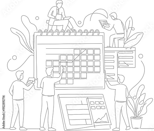 Linear Style Detailed Calendar and People Illustration Business Time Management Graphic