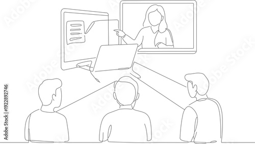 Simple Line Art Online Meeting Illustration with Computer and People