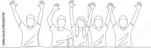 Continuous Line Drawing of People Raising Hands Together Illustration