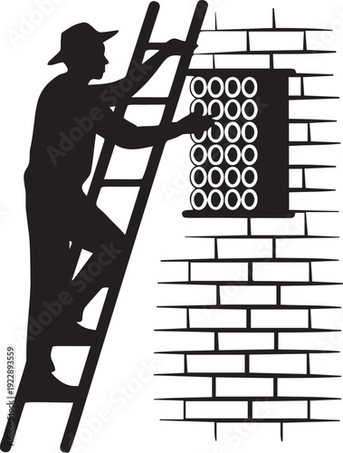 Bricklayer installing ventilation unit on wall using tall metal ladder
