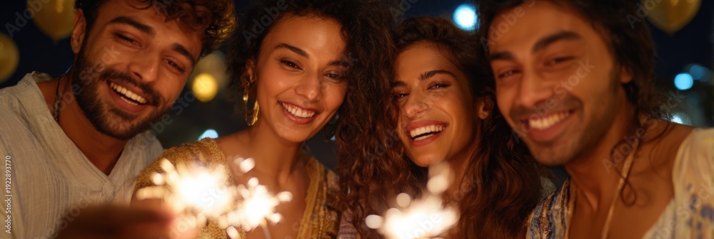Fototapeta premium Joyful young adults celebrating with sparklers at night