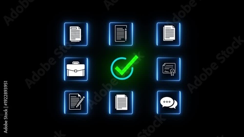 Neon glowing document verification blockchain network with digital check mark icon showing secure data validation system, online approval process, and cyber security technology concept 4k animated.