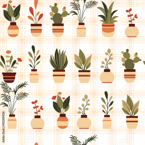 Vector pattern with flat hand drawn house plants in various pots on a check background. Greenhouse. and interior decoration Texture flowerpots for wrapping paper, wallpaper, check, pots in horizontal 