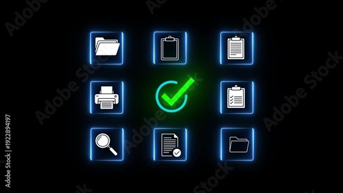 Neon glowing document verification blockchain network with digital check mark icon showing secure data validation system, online approval process, and cyber security technology concept 4k animated.