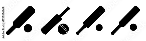 Cricket Bat and Ball Silhouettes in Various Positions Vector Illustration