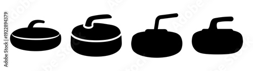 Four curling stones sliding on ice rink in flat design vector illustration