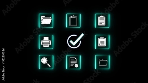 Neon glowing document verification blockchain network with digital check mark icon showing secure data validation system, online approval process, and cyber security technology concept 4k animated.