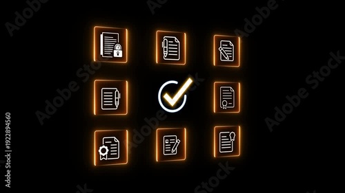 Neon glowing document verification blockchain network with digital check mark icon showing secure data validation system, online approval process, and cyber security technology concept 4k animated.