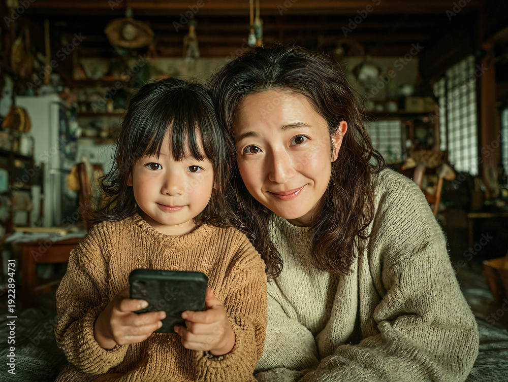 Fototapeta premium A mother and young daughter share a warm, intimate moment in a cozy, rustic Japanese-style home, as the child holds a smartphone, both smiling gently at the camera.