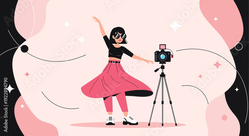 Young Woman Dancing and Filming Herself with Camera